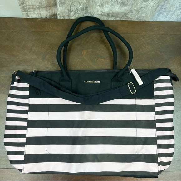 Victoria’s Secret Tote Pink/Black Stripes - Picture 1 of 12